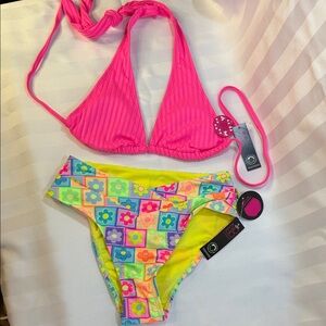 No Boundaries 2 Piece Bikini, Hot Pink top, Floral Neon High Leg Bottoms, Sz XS